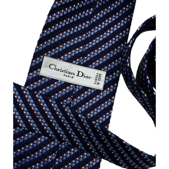 CHRISTIAN DIOR Men's 100% Silk Necktie LUXURY Navy Striped Geometric W:3.7" EUC - Picture 2 of 4